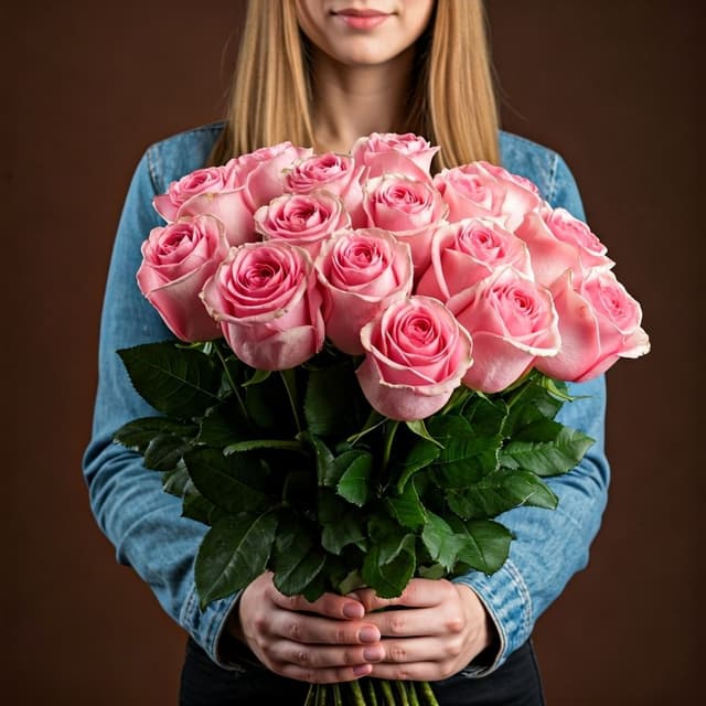 Mujer con ramo de rosas rosadas